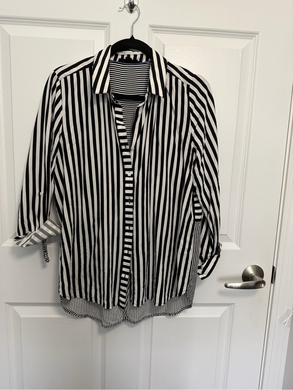 Jane and Delancey Black & White Vertical Stripe Button-Down Shirt